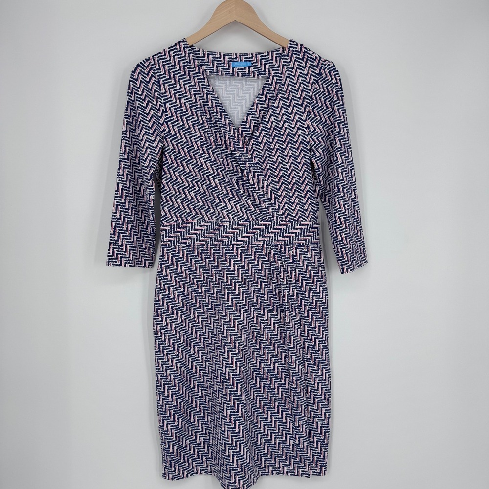 J.McLaughlin Wrap Dress Womens S Blue White Red Geometric Chevron 3/4 Sleeve Mod